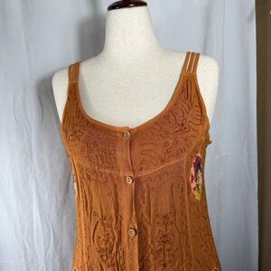 Button Down Tank Dress Rust Color With Tie Dye and Embroidered Details Boho Chic